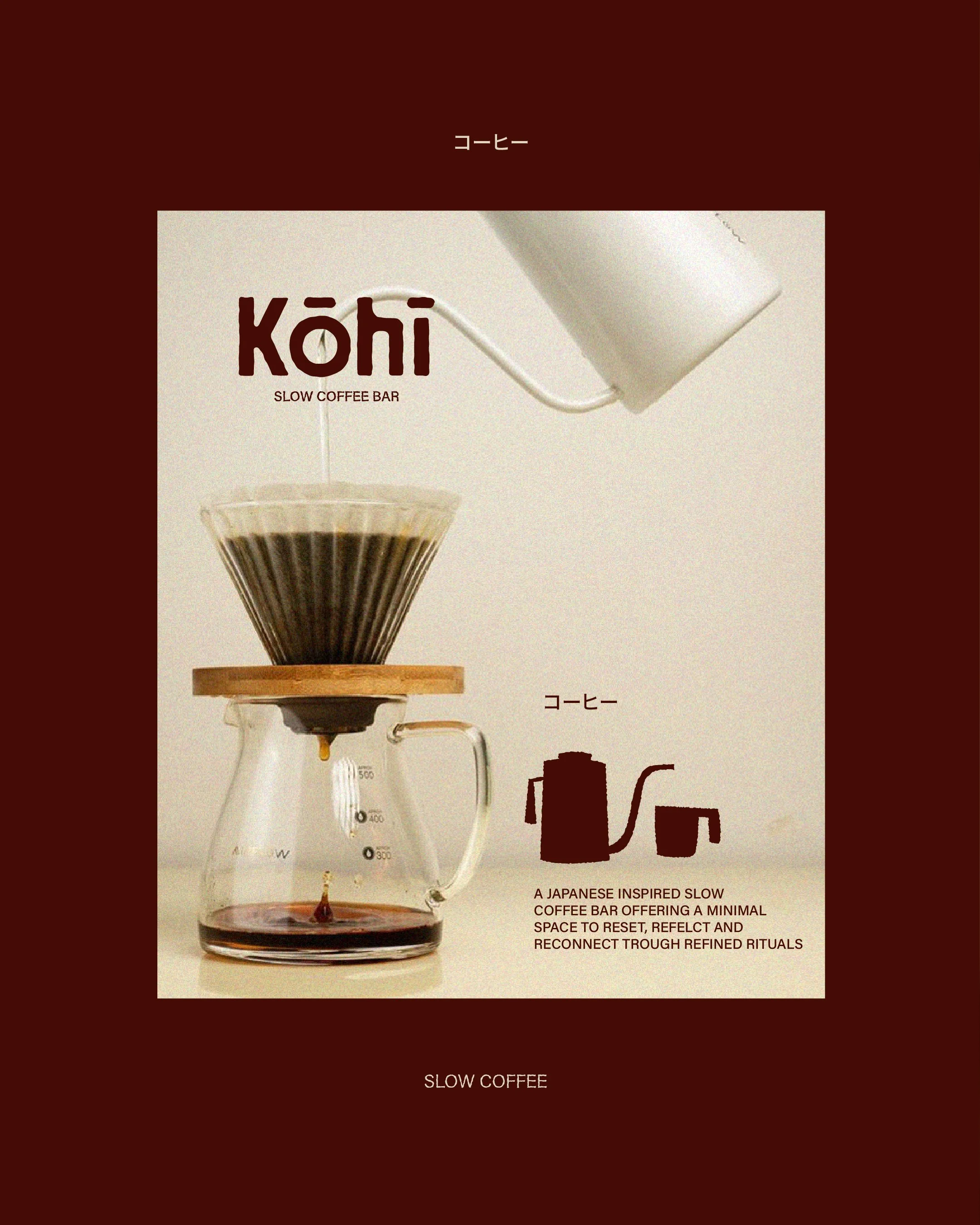 Visuel identitet og brand design til en cafe og kaffebar. Billedet viser en japansk-inspireret langsom kaffebar .