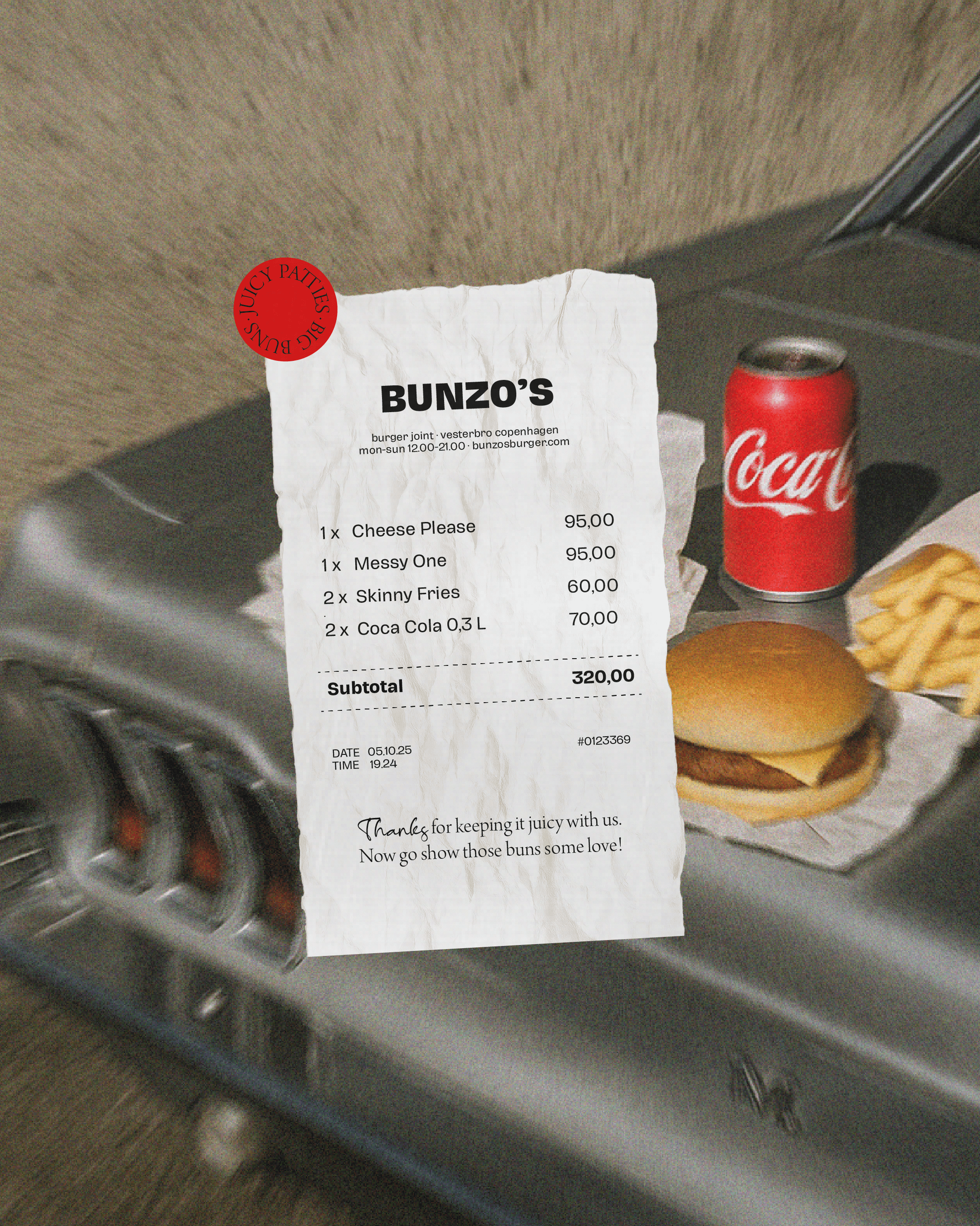 Visuel identitet, burger bar, design af kvittering