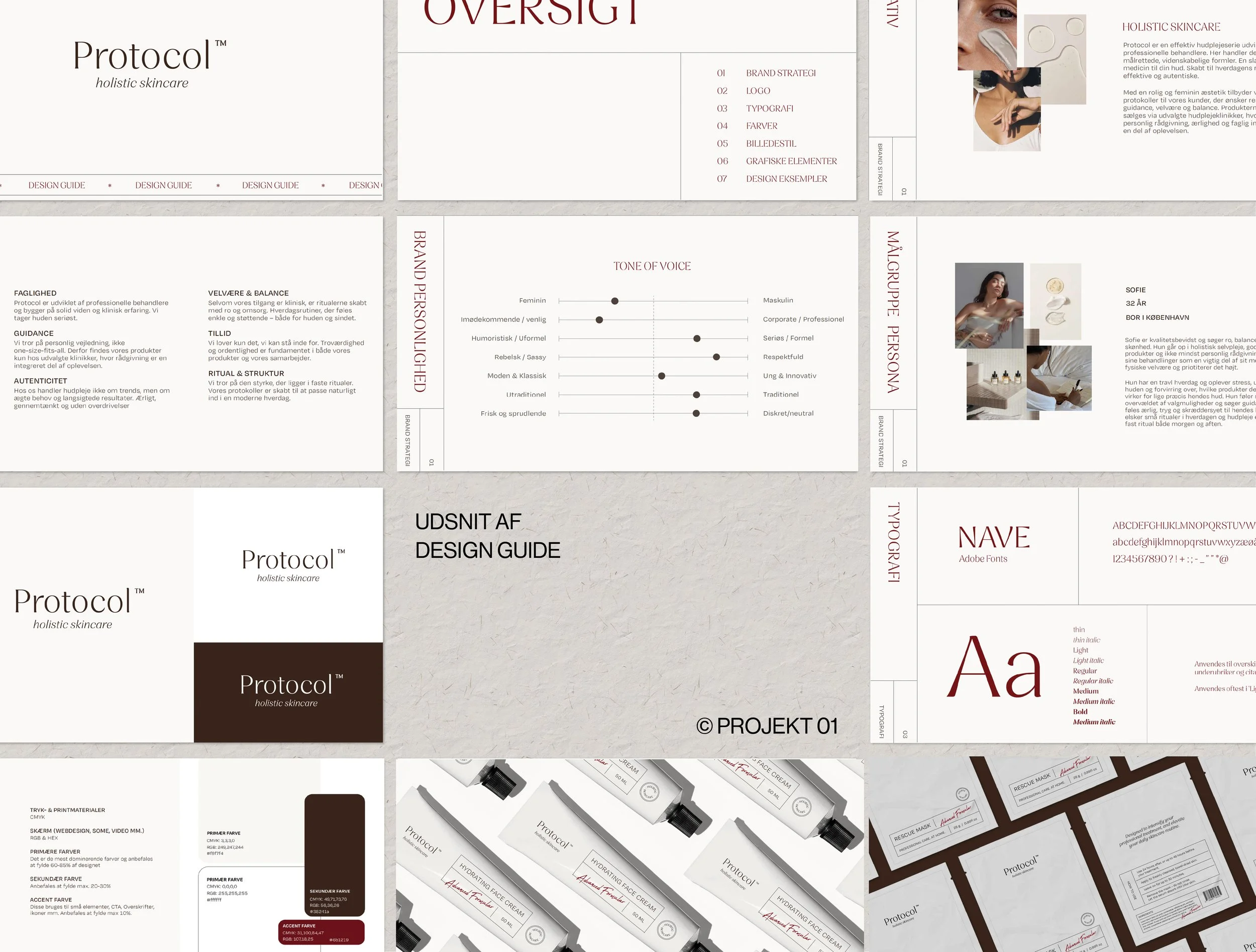 visuel identitet og design guide, her vises eksempler på anvendelse af visuel identitet til et hudpleje brand