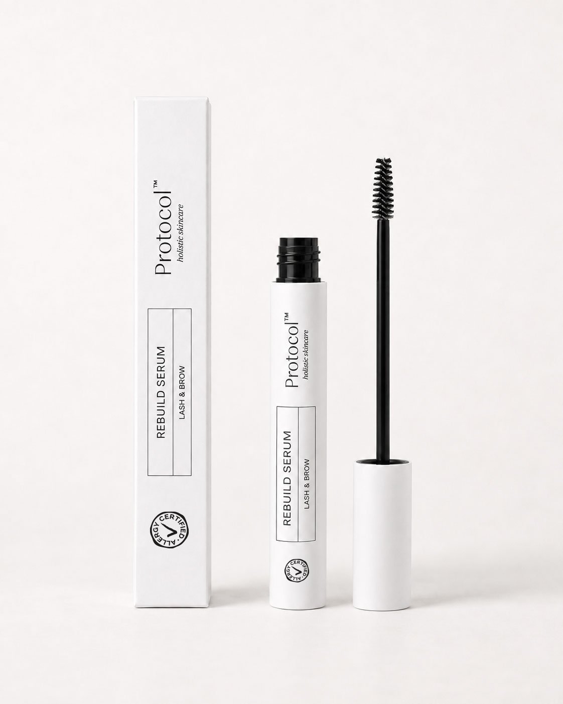 Emballage design og visuel identitet for Protocol, Designet af Projekt 01. En lash og brow growth serum. 'Rebuild Serum Lash & Brow' og 'holistic skincare'.