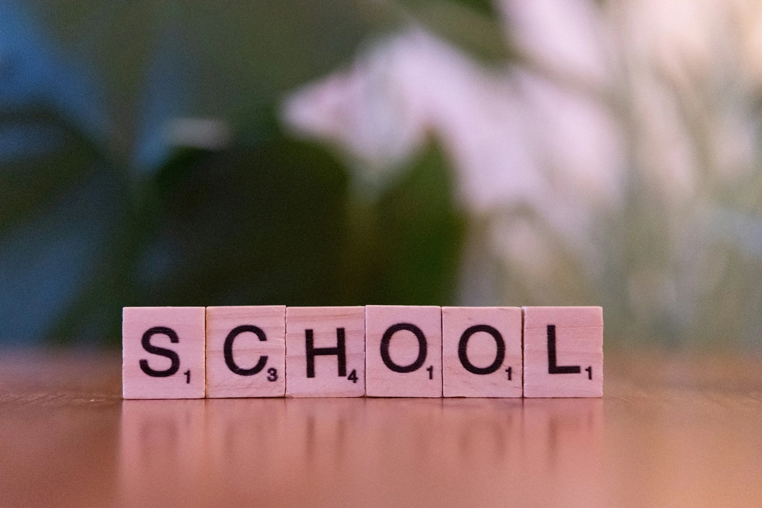 Small pink Scrabble tiles spell out the word "SCHOOL" on a wooden surface, with blurred green and pink background.