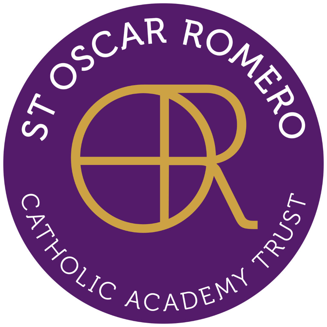 Logo of the St. Oscar Romero Catholic Academic Trust, with a purple background, gold initials 'OR' in the center, and the organization name circling around in white text.