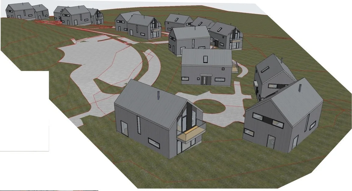 3D Illustrasjon; småhus gruppert i små tun. 