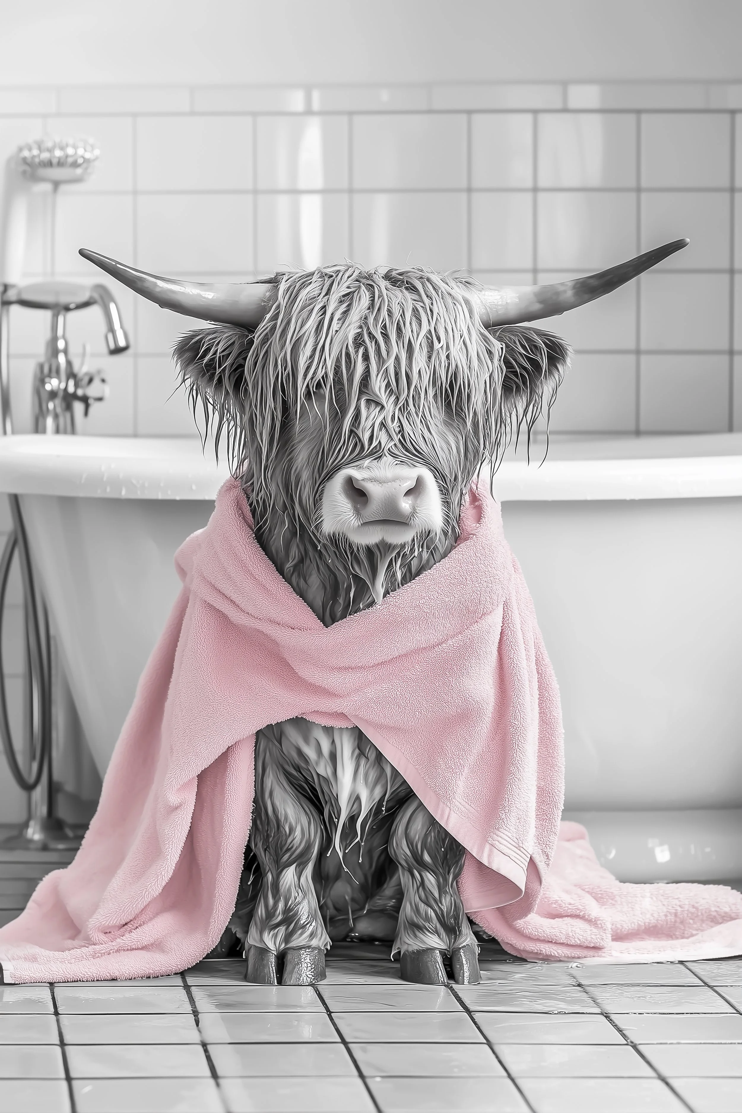 Highland Cow Wrapped in a Pink Towel