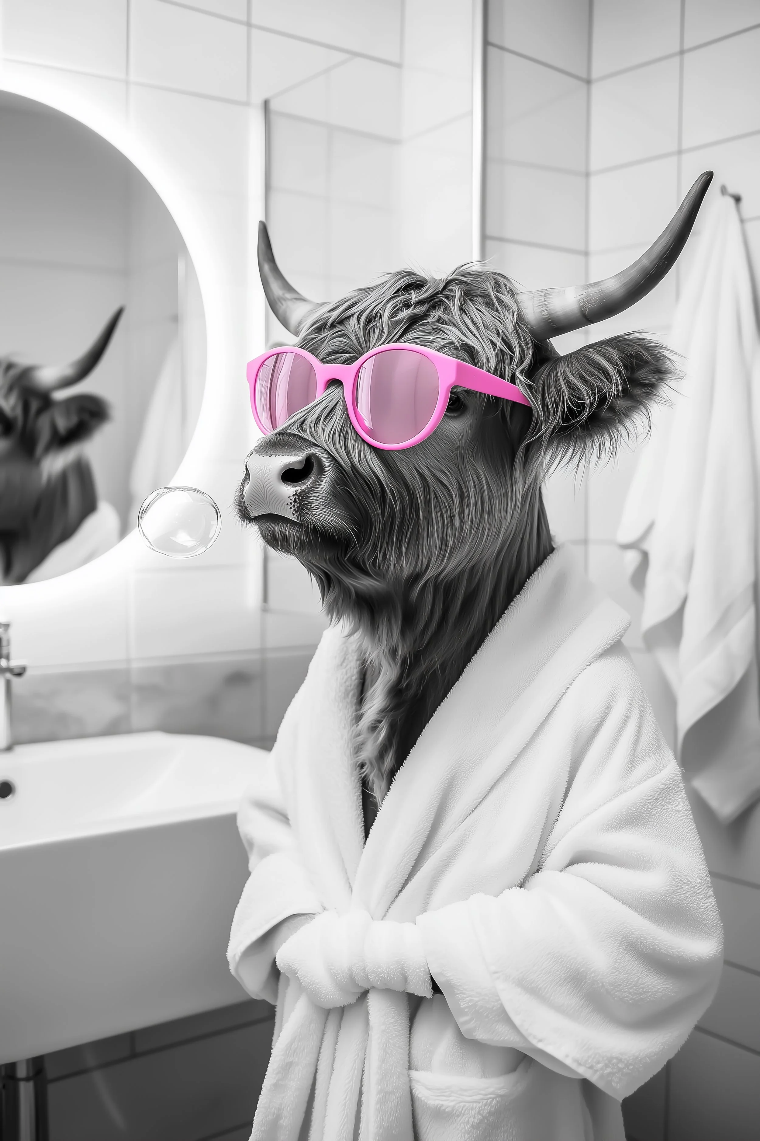 Highland Cow with Pink Sunglasses wear a Dressing Gown