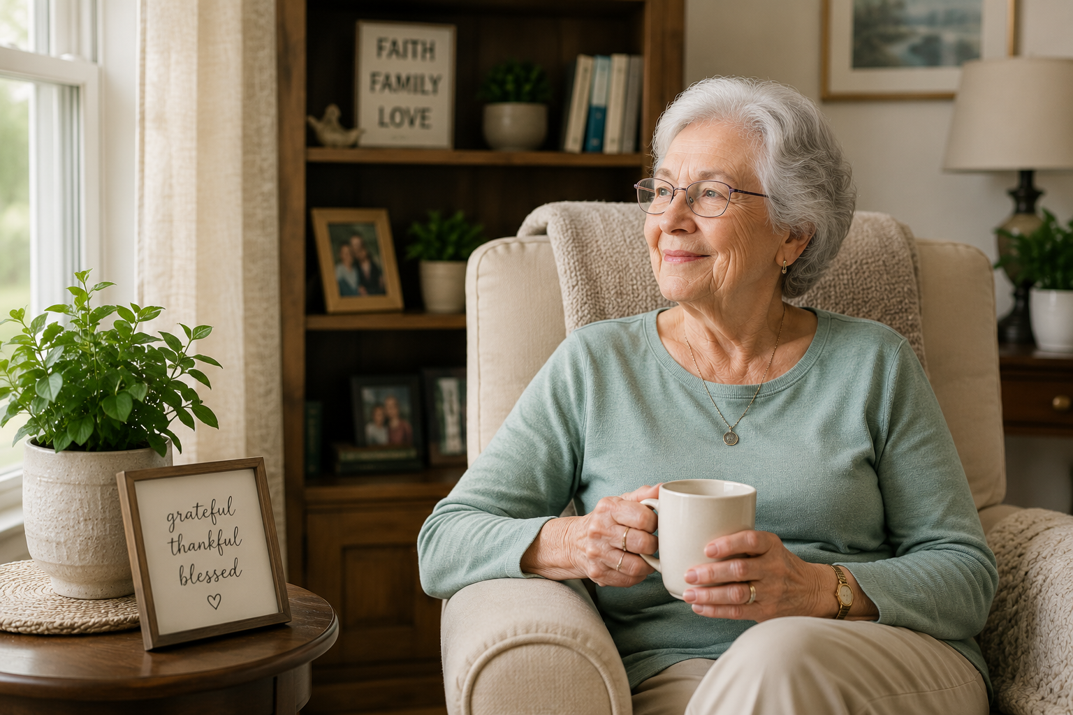 An elderly woman with glasses and gray hair sitting in a cozy living room, holding a white mug, looking out the window with a gentle smile.