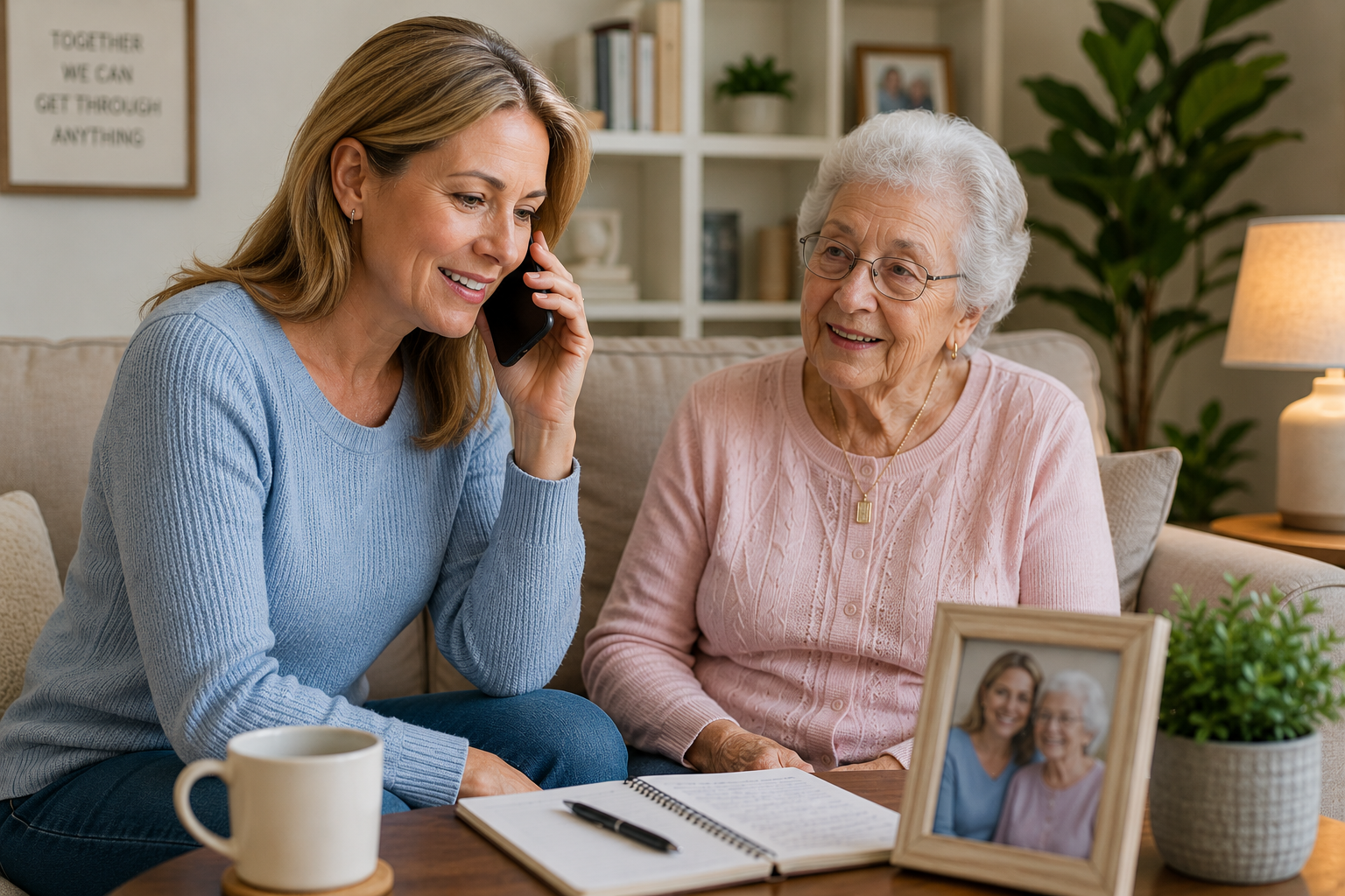 A woman with light brown hair talking on the phone to an elderly woman with white hair. They are sitting on a beige couch with a notebook and pen in front of them, a framed photo of the two women smiling, a potted plant, and a table lamp in the background.