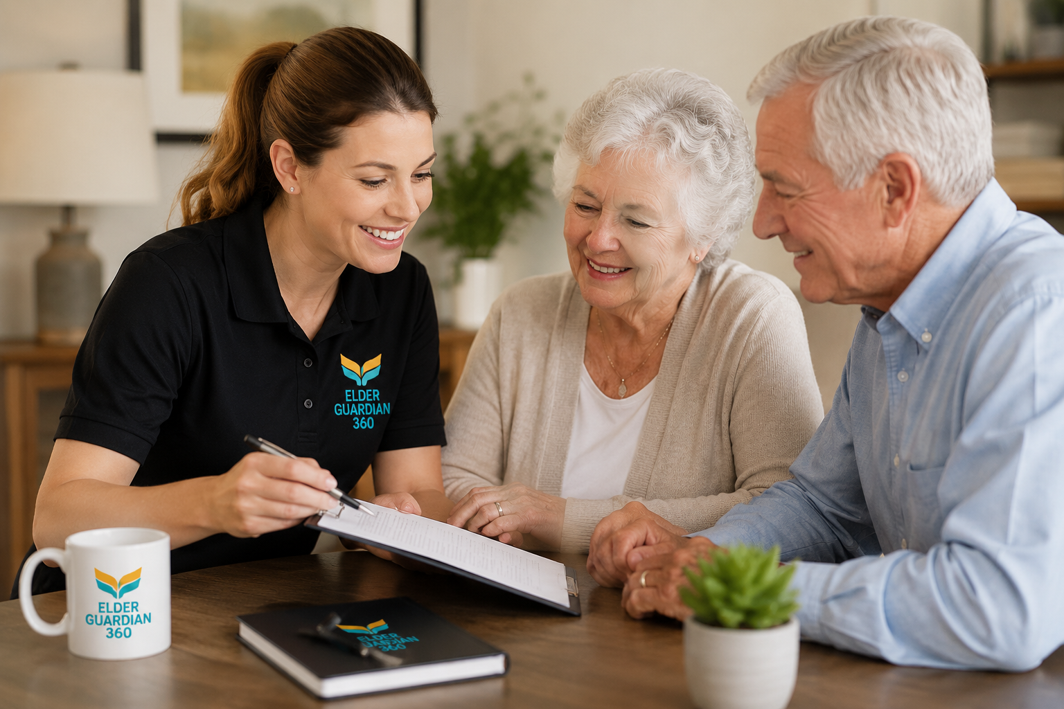 A young woman showing a document to an elderly couple, all smiling, at a table with a mug and a notebook, in a cozy indoor setting.