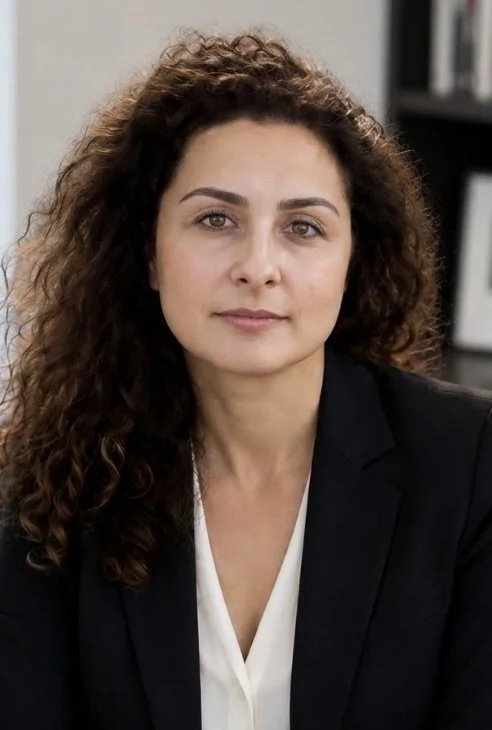 A woman with curly brown hair wearing a black blazer and white shirt, looking at the camera with a neutral expression, in an office setting.