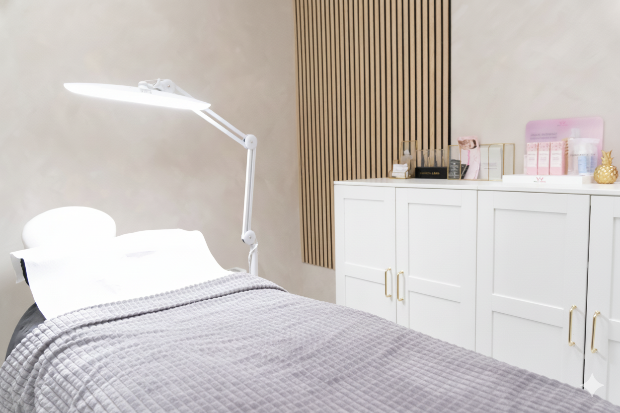 A modern spa or treatment room with a beige bed and a white adjustable lamp, white cabinets, and decorative items on top.