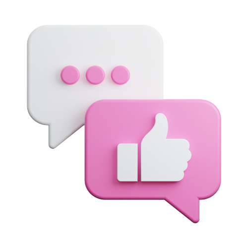 Two speech bubbles, one white with pink dots and one pink with a white thumbs-up symbol, representing social media or messaging.