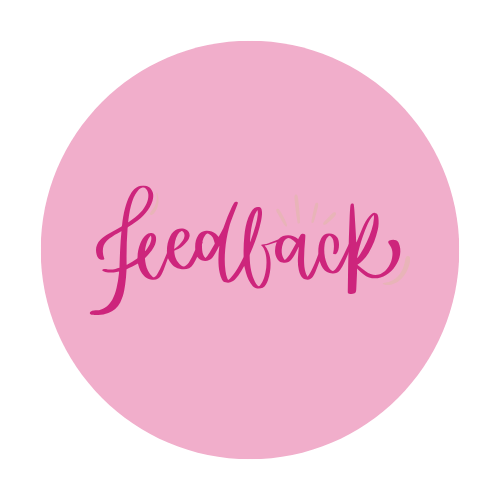 Pink circular logo with the words "feedback" written in cursive font.