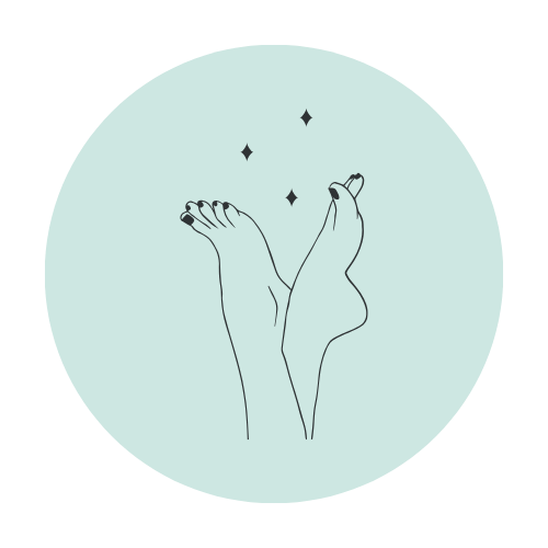 Outline drawing of a hand with painted nails, surrounded by small diamond shapes, set against a light circular background.