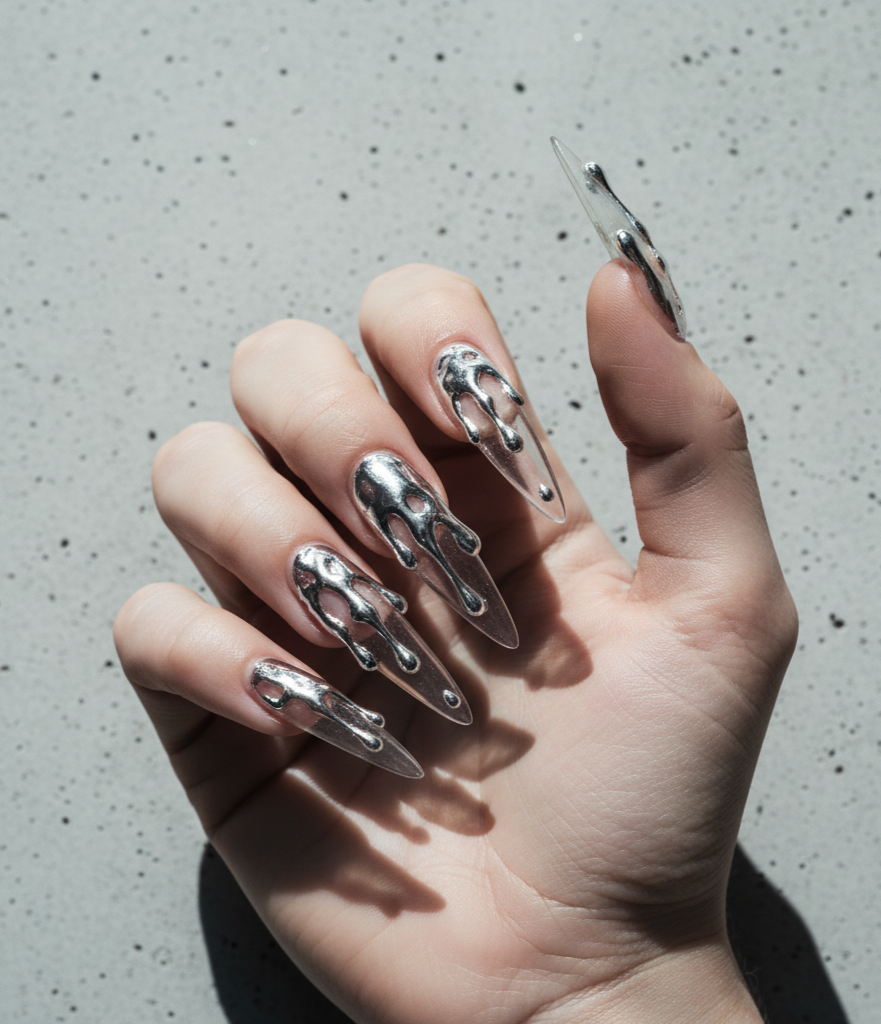 Close-up of a hand with long, pointed, clear acrylic nails with metallic flame design.