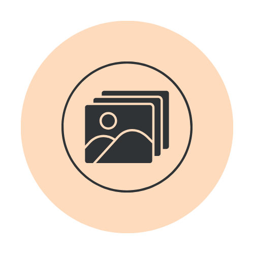 Icon of stacked photographs or images on a light pink background.