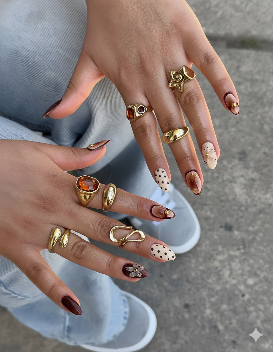 Hands displaying multiple gold rings with different designs and colored gemstones, with manicured nails featuring various patterns and nail art.