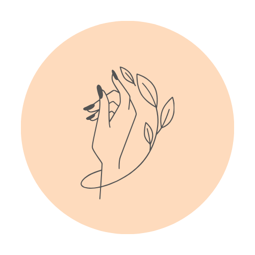 Line drawing of a hand holding a small branch with leaves on a beige circular background.