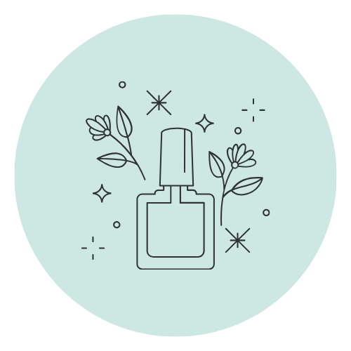 Minimalist line drawing of a nail polish bottle with flowers and sparkles around it on a light blue circular background.
