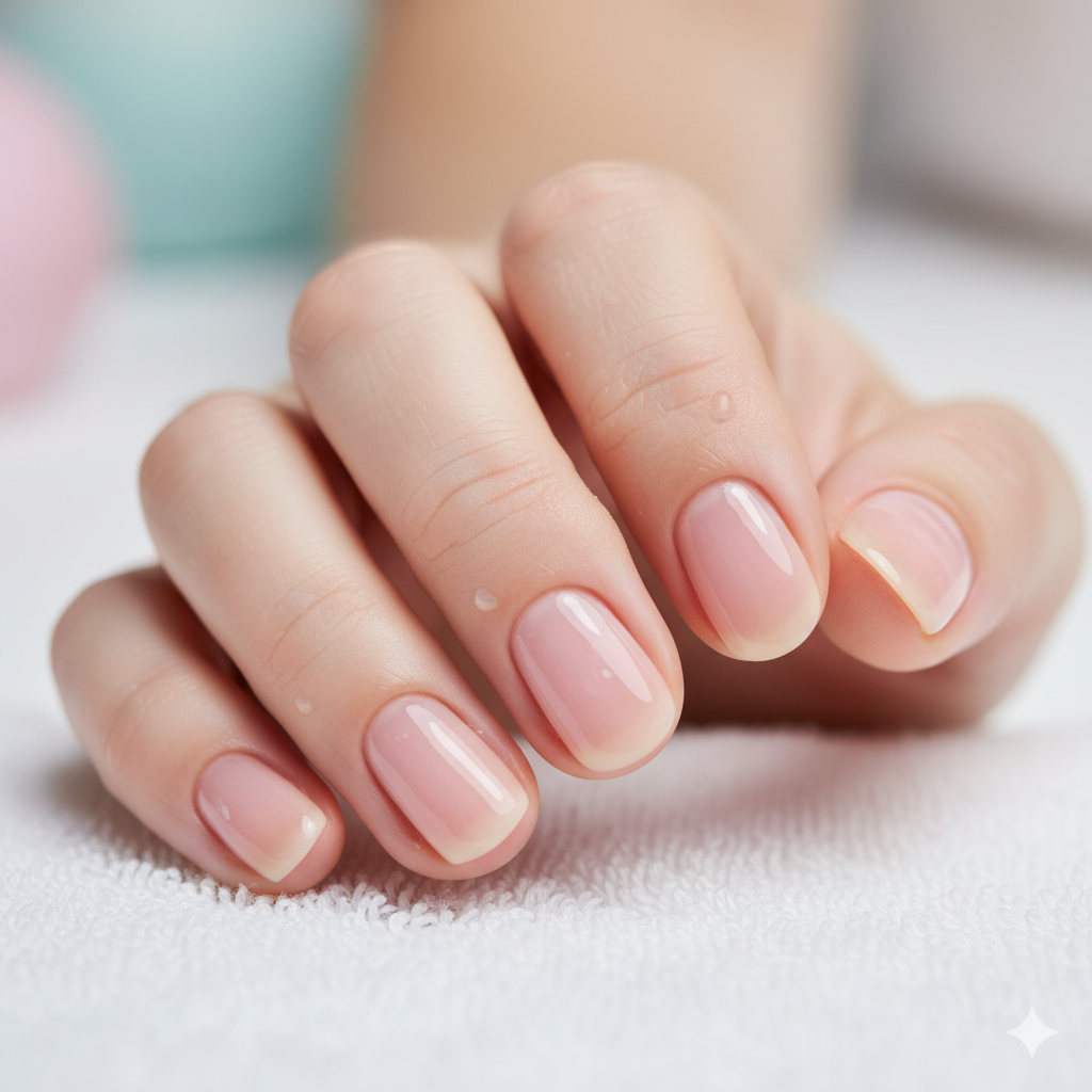 Close-up of a well-manicured hand with natural, shiny nails resting on a soft white surface.