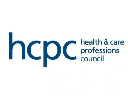 Logo for the health & care professions council with blue text reading 'hcpc' and smaller text 'health & care professions council'.