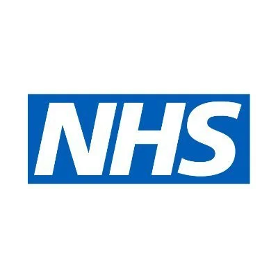 NHS logo in blue and white.