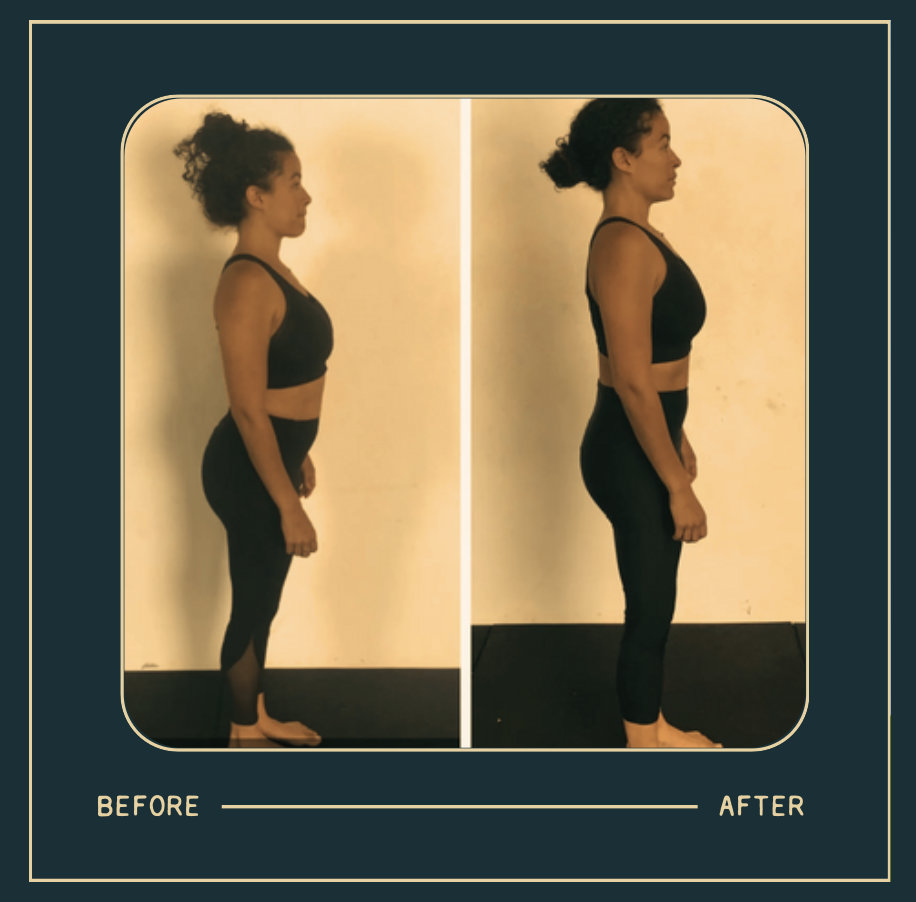 Side-by-side comparison of a woman before and after fitness transformation, showing improved posture and muscle tone.