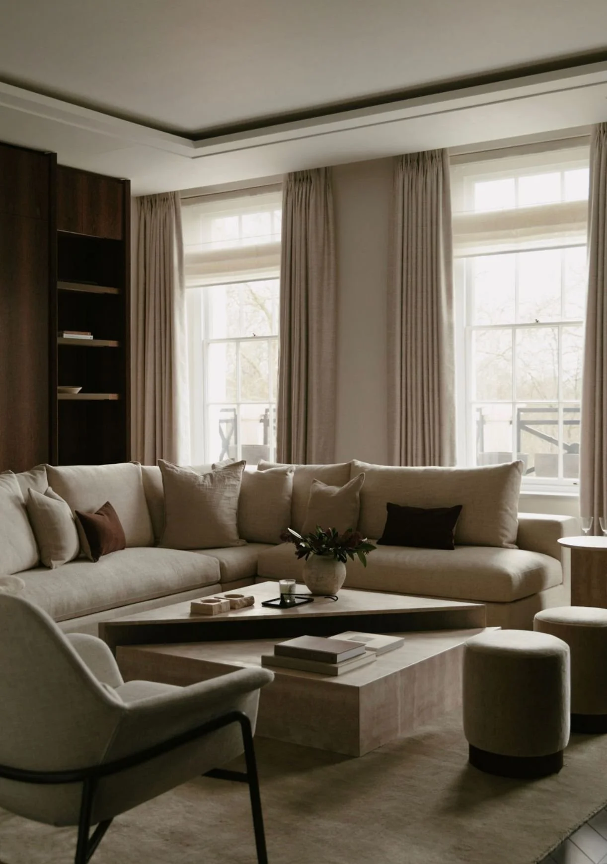 A cozy living room with a beige sectional sofa, a large armchair, an oval coffee table with books and a flower arrangement, and windows with beige curtains.