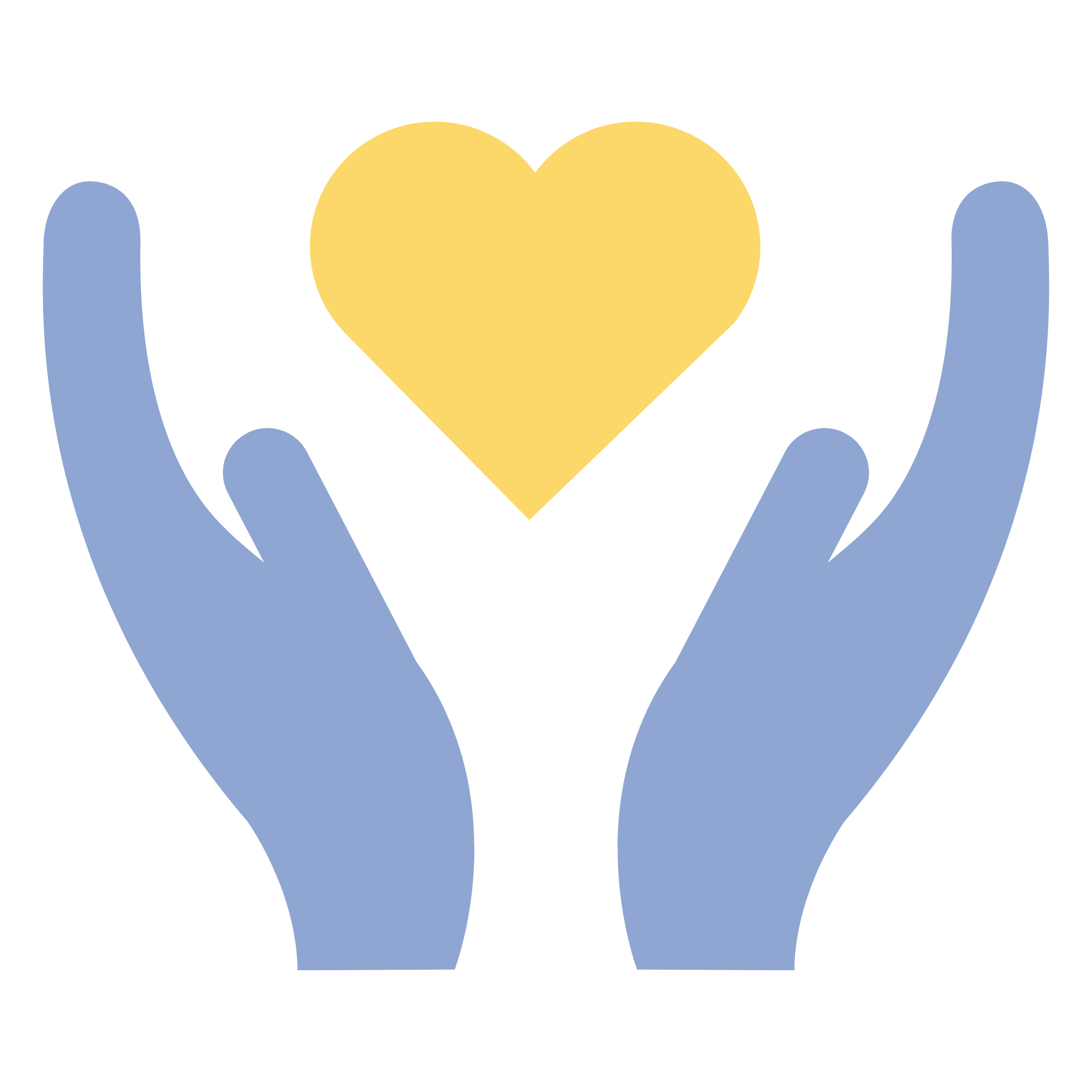 Two blue hands holding a yellow heart