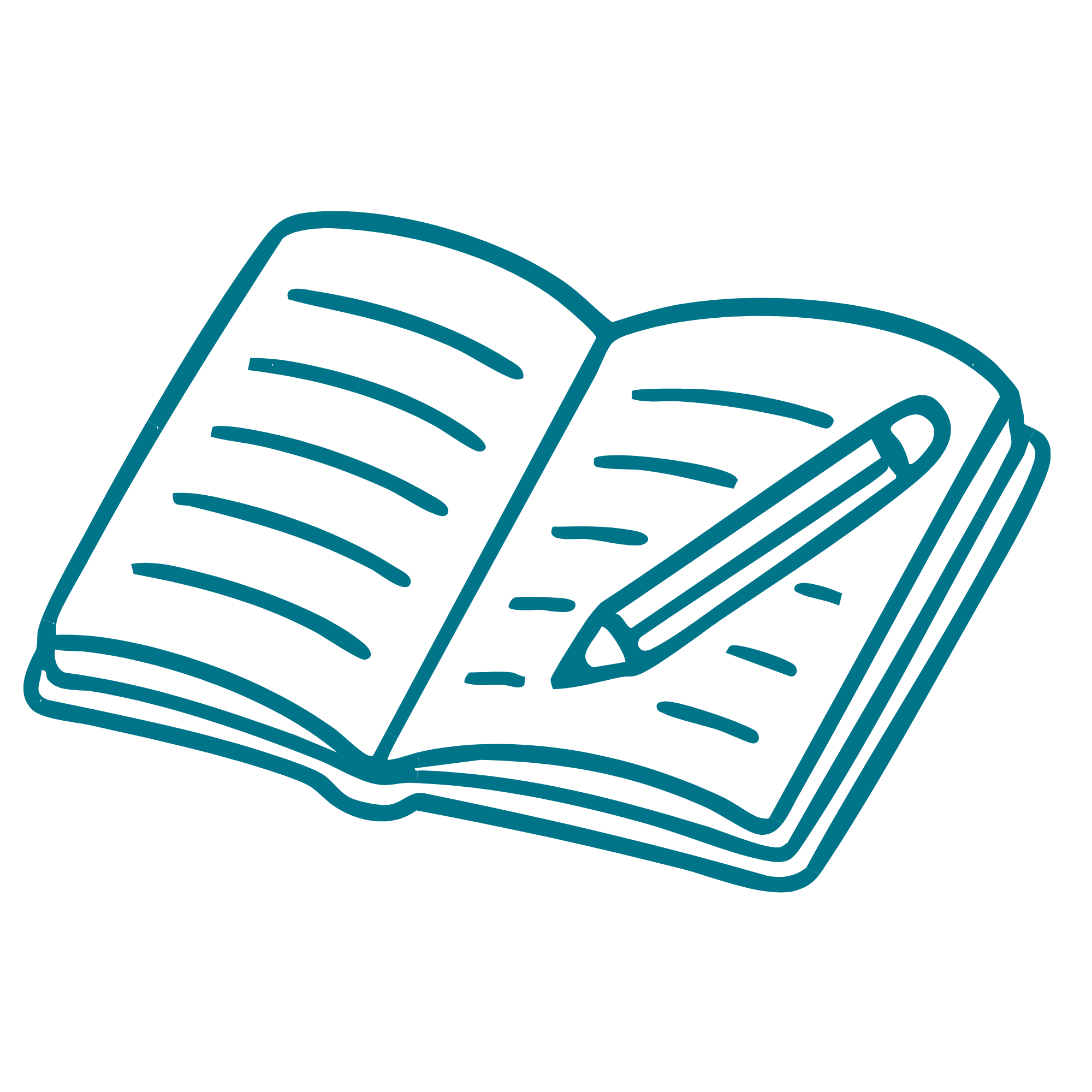 Line drawing of an open book with lines of text and a pen resting on the pages.