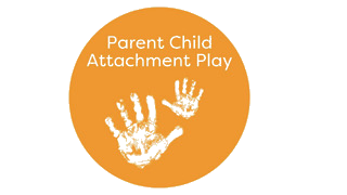 Orange circle with two black handprints and text 'Parent Child Attachment Play'.