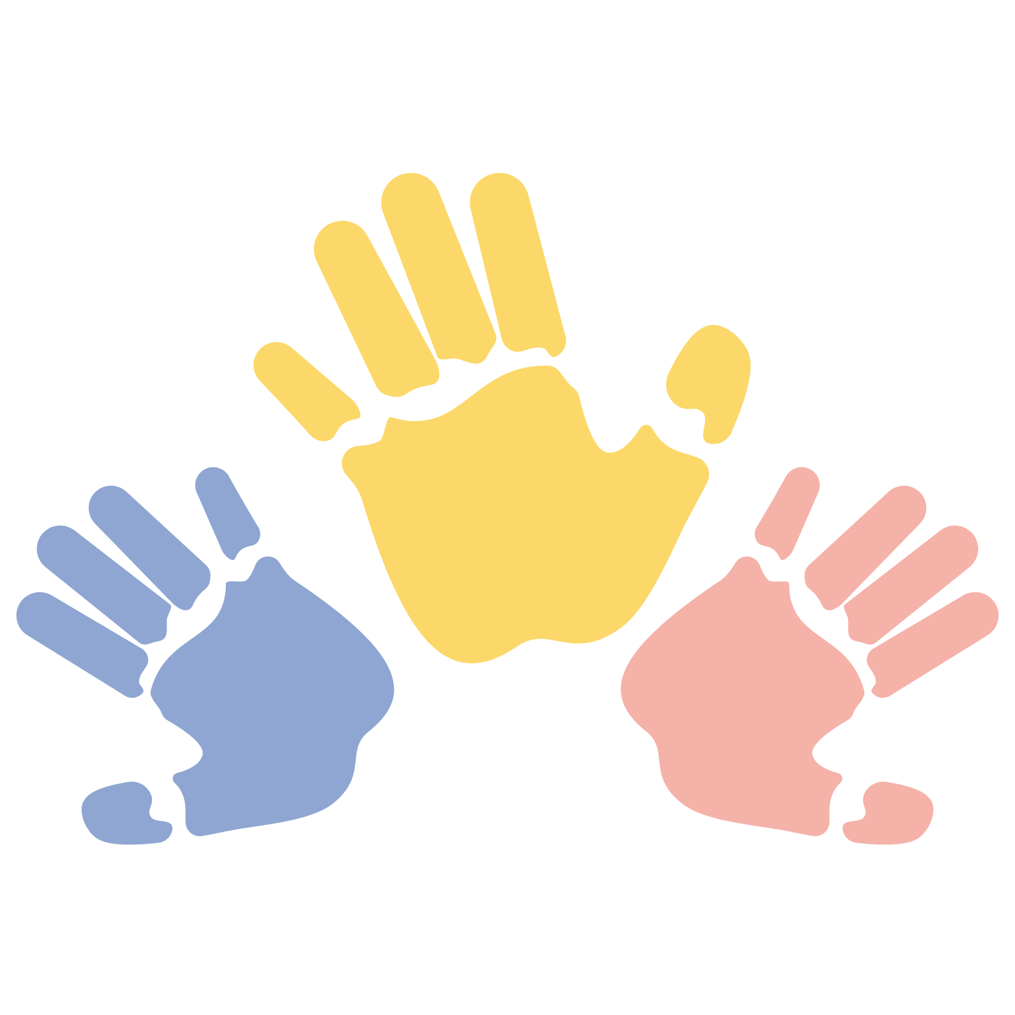 Three stylized handprints in blue, yellow, and pink on a black background.