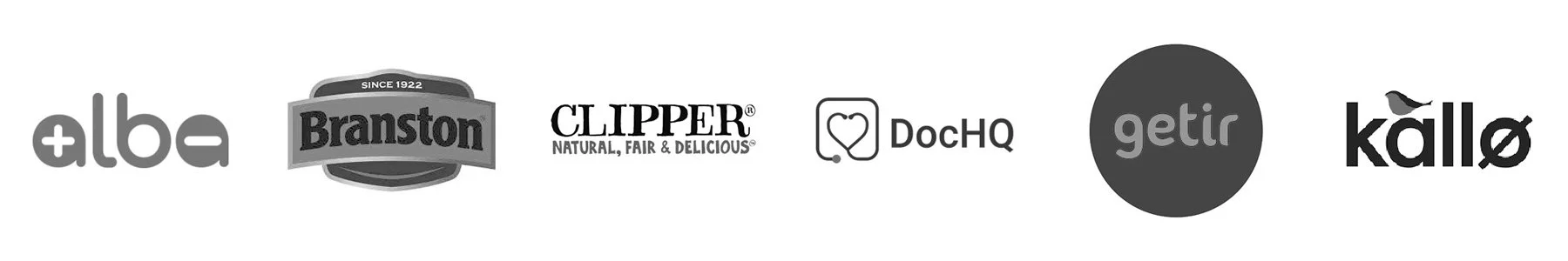 Logos of various brands Ugur Vidinligil works with, including +Alba, Branson, Clipper, DocHQ, Getir, and Kallo.