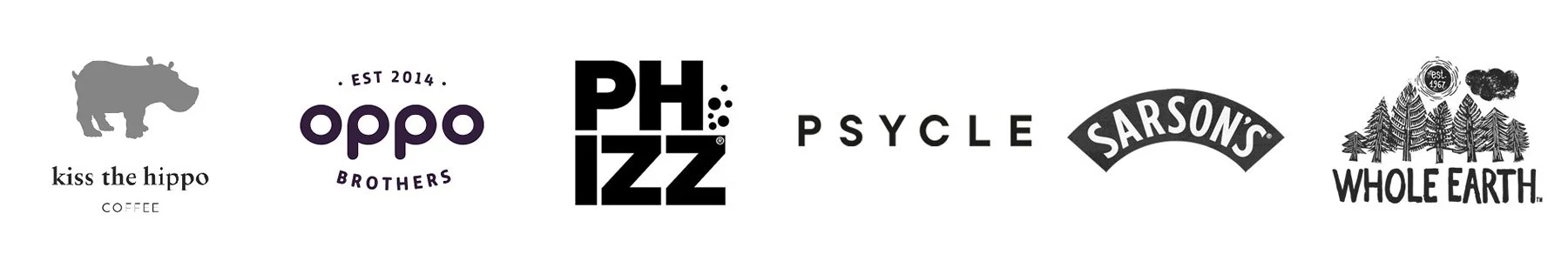Logos of various brands Ugur Vidinligil works with, including Kiss the Hippo Coffee, Oppo Brothers, PHIZZ, Psycle, Sarson's, and Whole Earth.