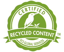 Certification seal for recycled content with a hummingbird and a small plant.