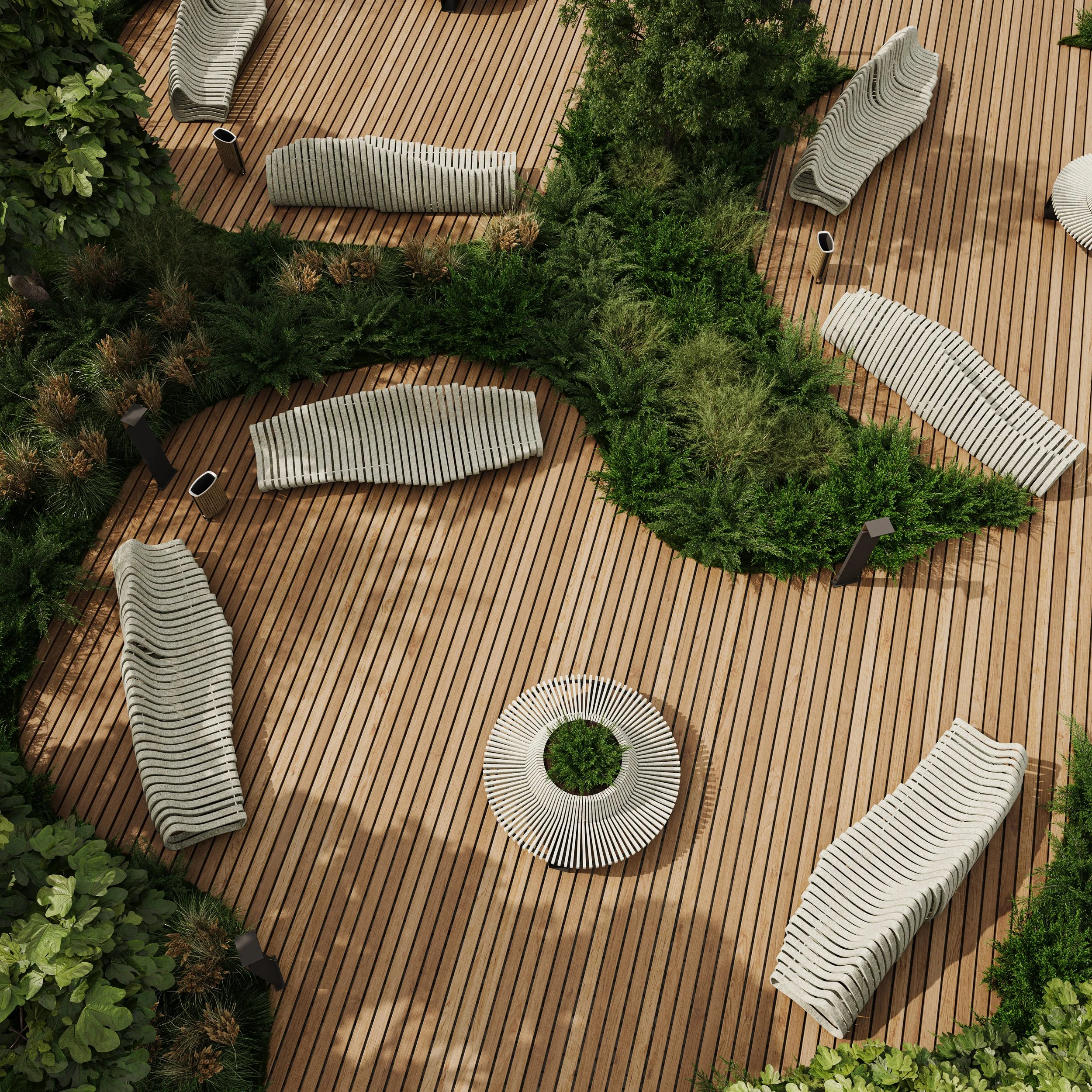 A wooden outdoor patio with several curved benches, lush green plants, and modern light fixtures.
