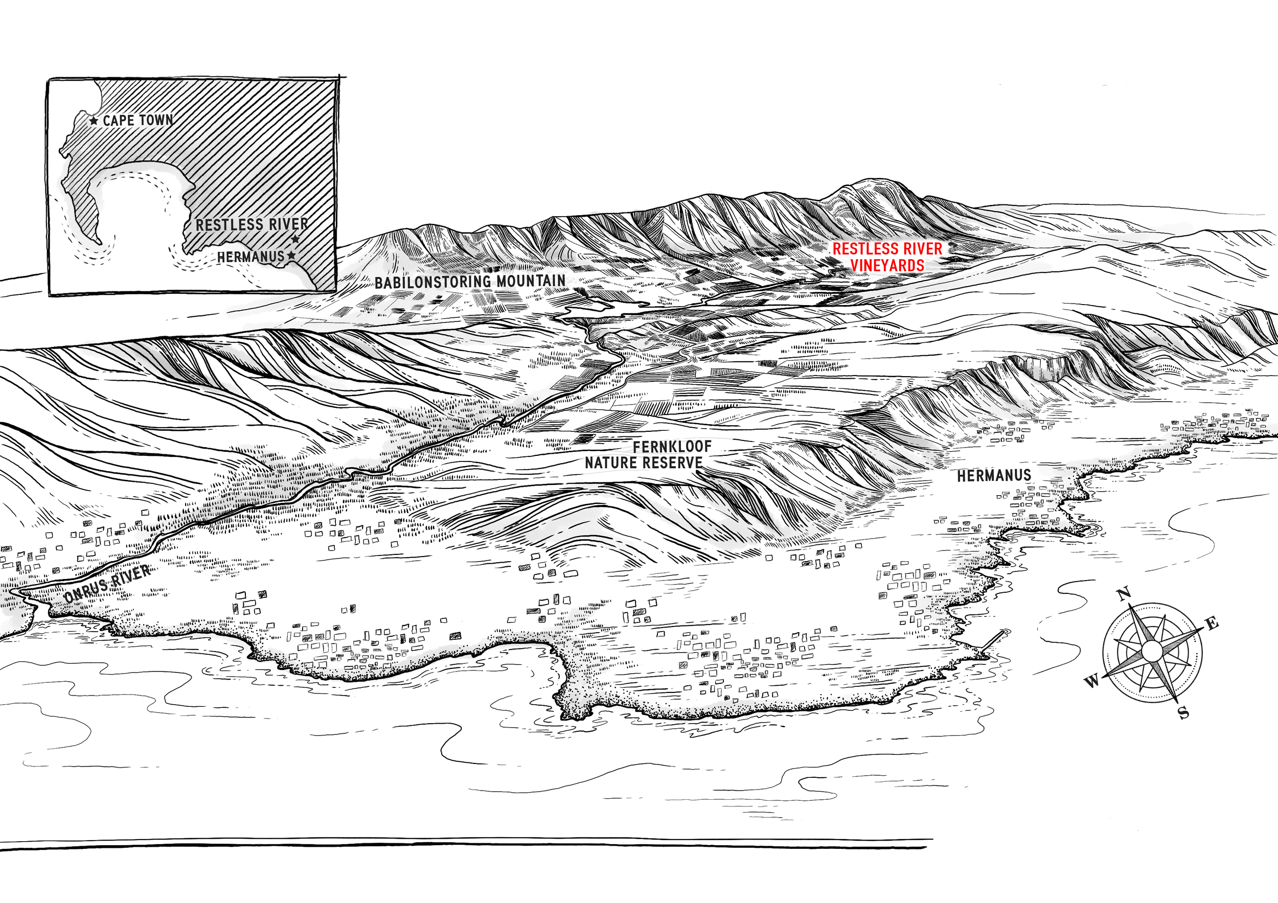 A detailed black and white map of the Hermanus area in South Africa, showing the Hermanus town, Onrus River, Fernkloof Nature Reserve, Babylonstoring Mountain, and the Restless River vineyards and mountains, with a small inset map of Cape Town and the Restless River.