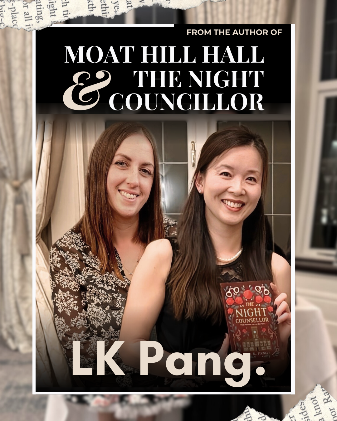 Cover of a book titled 'The Night Councillor' by LK Pang, featuring two women smiling, one holding the book, in a cozy indoor setting with curtains and a window in the background.