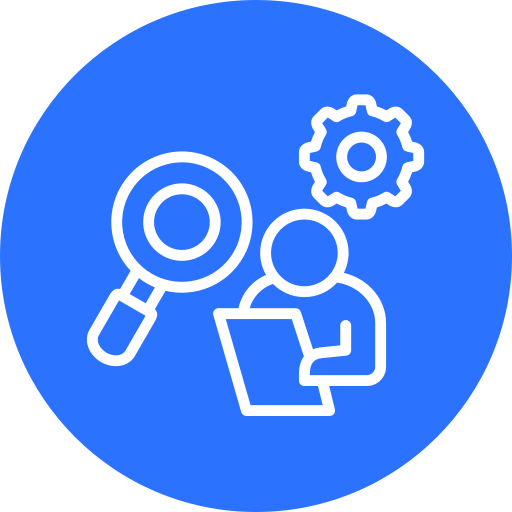 Icon of a person reading a document with a magnifying glass and a gear, representing analysis or troubleshooting.