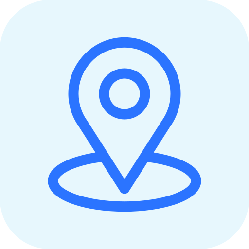 A blue location pin icon on a light blue background.