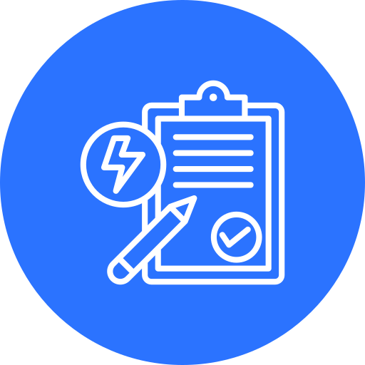 An icon of a clipboard with a checklist, a lightning bolt symbol, and a pencil symbol on a blue background.