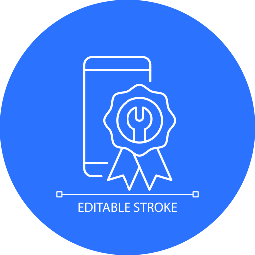 An icon of a smartphone with a certification badge overlay, featuring a power symbol and ribbon, on a blue circular background.