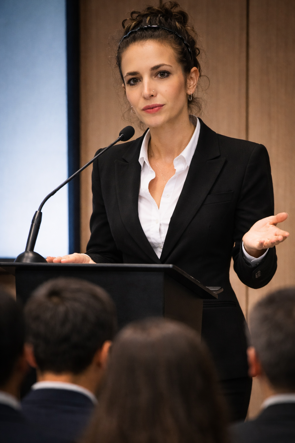 A woman with curly hair and a black headband, wearing a black blazer and white shirt, speaks at a podium during a presentation or conference.