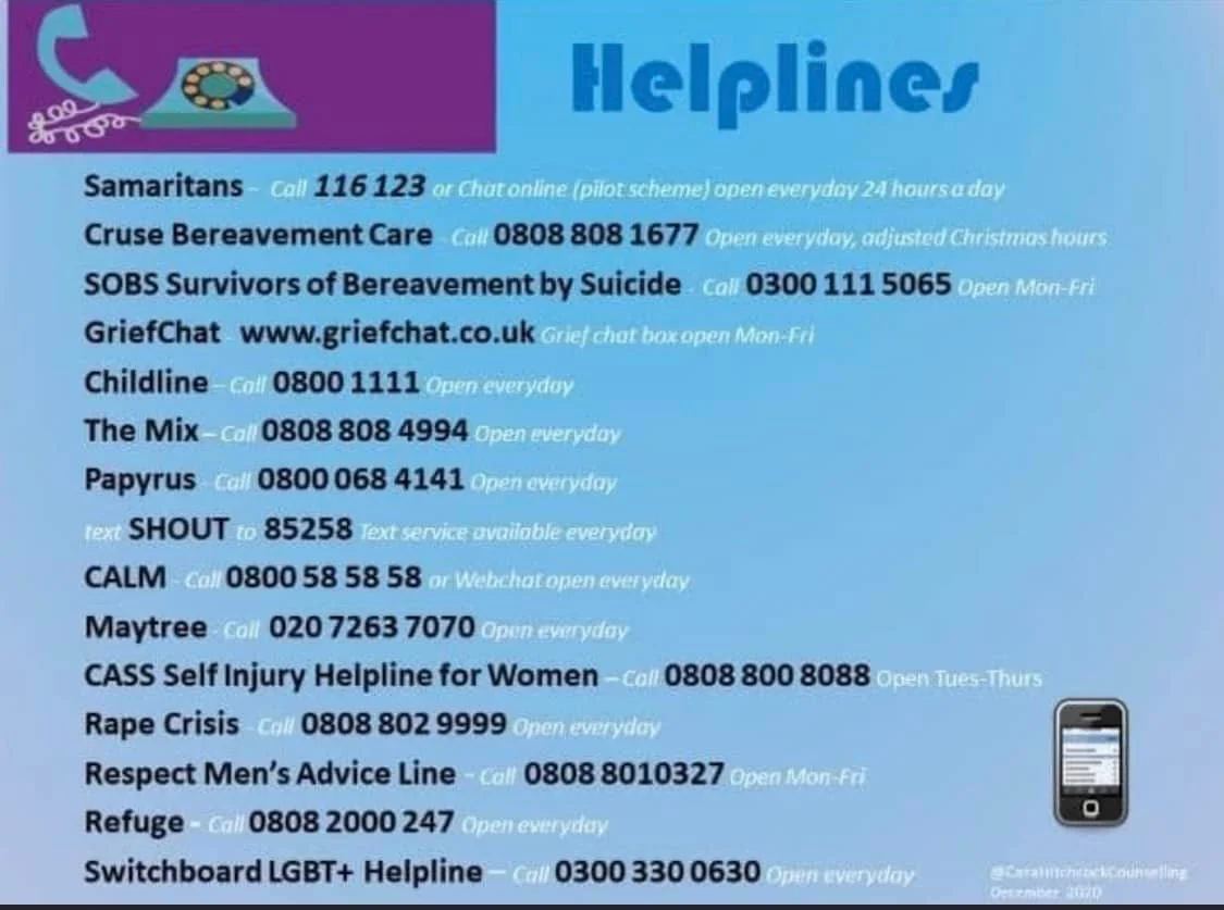 A list of helpline contact information for various support services including Samaritans, Cruse Bereavement Care, SOBS Survivors of Bereavement by Suicide, GriefChat, Childline, The Mix, Papyrus, SHOUT text service, CALM, Maytree, CASS Self Injury Helpline for Women, Rape Crisis, Respect Men’s Advice Line, Refuge and Switchboard LGBT+ Helpline, with phone numbers and opening hours.
