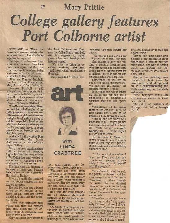 Newspaper article titled 'College gallery features Port Colborne artist' by Mary Pittie, with a black-and-white photo of a woman named Linda Crabtree.
