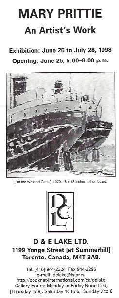Poster for Mary Prittie's art exhibition running from June 25 to July 28, 1998, featuring an artwork titled 'On the Wetland Canal, 1979,' showing a black and white painting of a canal with boats, and includes the D & E Lake Ltd. gallery contact details in Toronto.