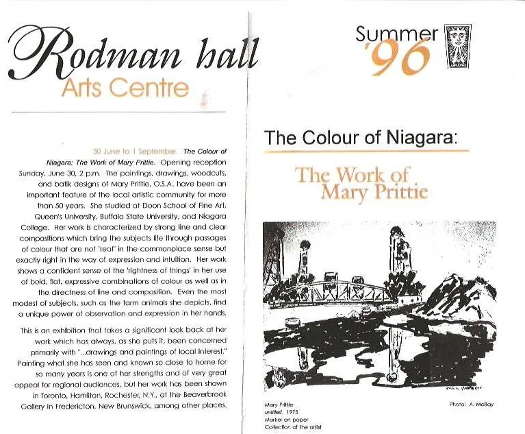 A flyer for the Rodman Hall Arts Centre Summer '96 exhibition featuring Mary Prittie's work, with some text about her art and a black and white photograph of her sitting on a bridge near a river.