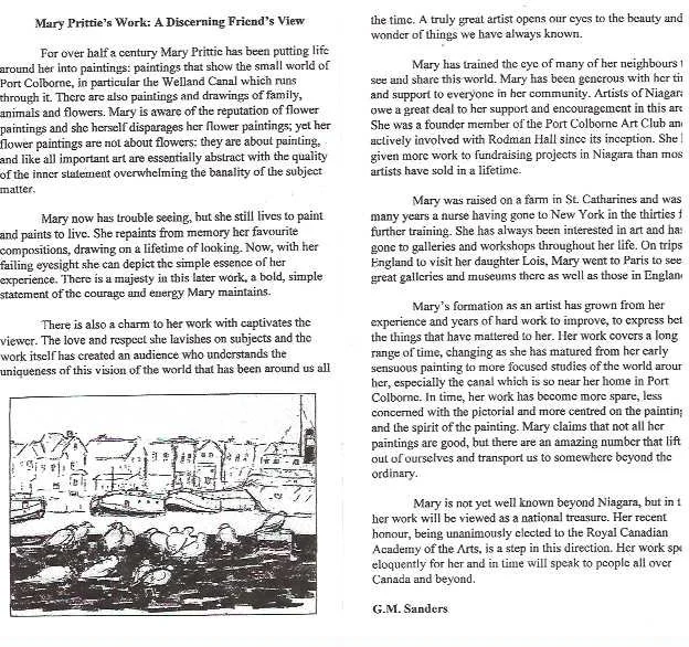 A text document titled "Mary Prittie's Work: A Discerning Friend's View" discussing her life, art, and contributions, with a black-and-white illustration of a cityscape or harbor scene at the bottom, including buildings, boats, and water.