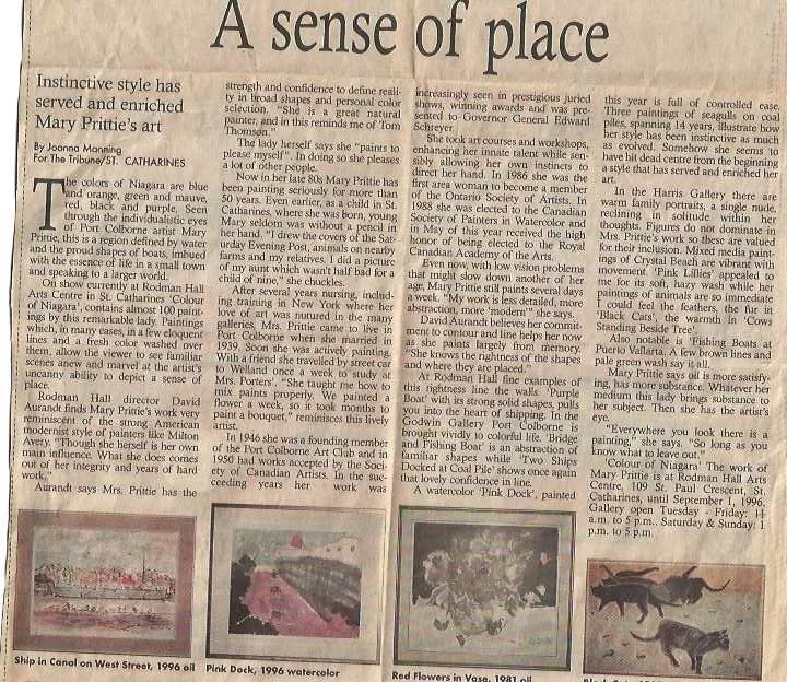 A newspaper page titled 'A sense of place' featuring articles and images of artwork, including a watercolour titled 'Pink Dock', a photograph of a ship in canal, and paintings of animals.