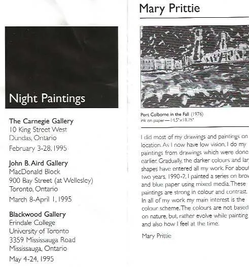 Image of a page with text and a black-and-white landscape artwork. The text mentions night paintings, various galleries, dates, and an artist named Mary Prittie.