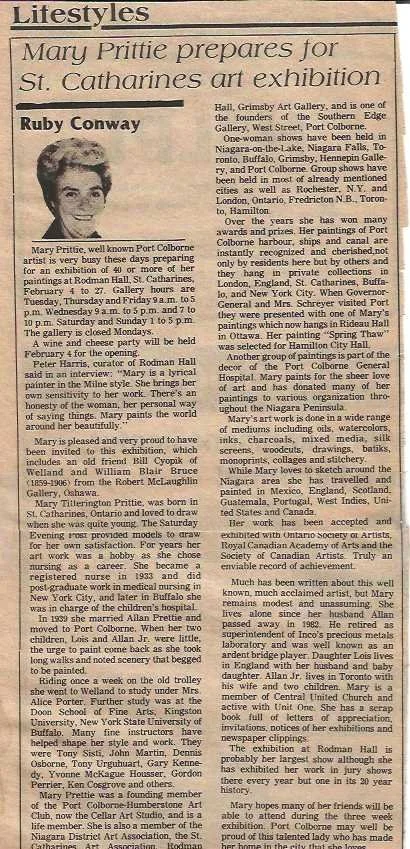 A newspaper clipping titled 'Mary Prittie prepares for St. Catharines art exhibition.' It features an article about Mary Prittie, known for her artwork and preparations for an art exhibition, with a black-and-white portrait photo of her smiling.